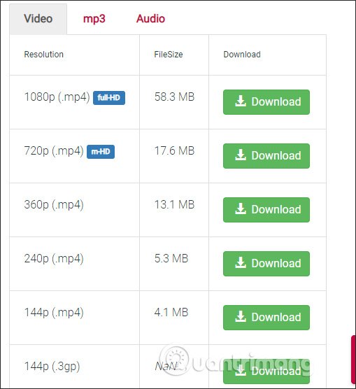 y2mate sẽ hiển thị kết quả danh sách chất lượng khác nhau, hay định dạng khác nhau để bạn download video YouTube xuống máy tính.
